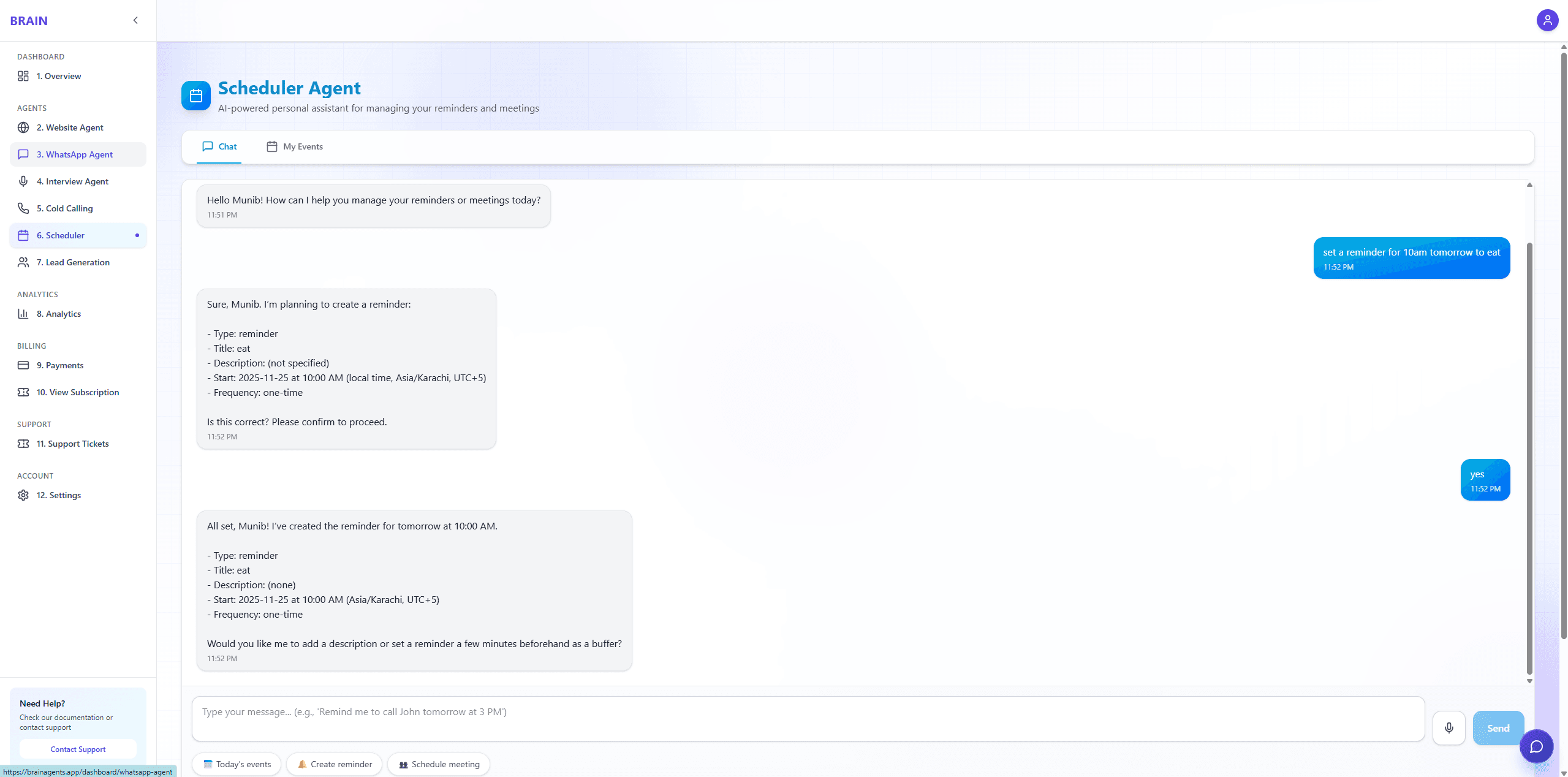 Scheduling assistant dashboard screenshot